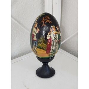 Vtg Hand Painted Musician Damsel Scene Russian Lacquer Wood Egg On Pedestal RARE